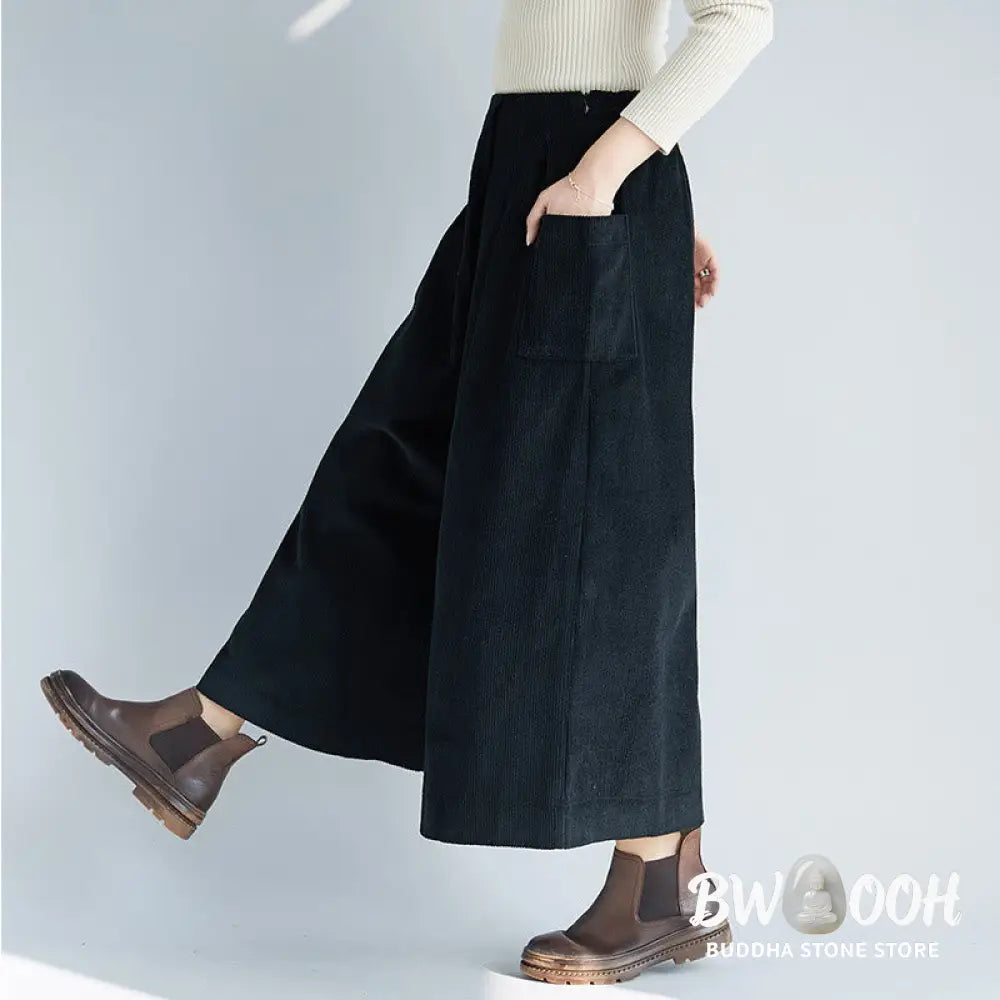 Buddha Stones Women’s Plain Side Zipper Design Wide Leg Corduroy 7-8 Length Pants With Pockets - Women’s Wide Leg Pants