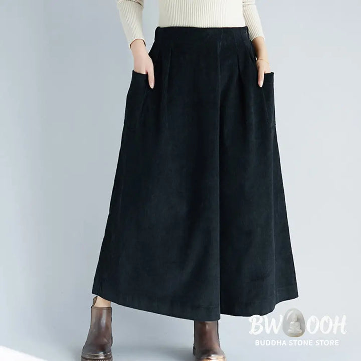 Buddha Stones Women’s Plain Side Zipper Design Wide Leg Corduroy 7-8 Length Pants With Pockets - Women’s Wide Leg Pants