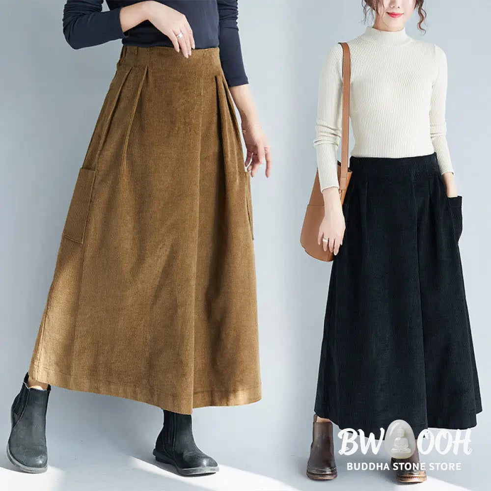 Buddha Stones Women’s Plain Side Zipper Design Wide Leg Corduroy 7-8 Length Pants With Pockets - Women’s Wide Leg Pants