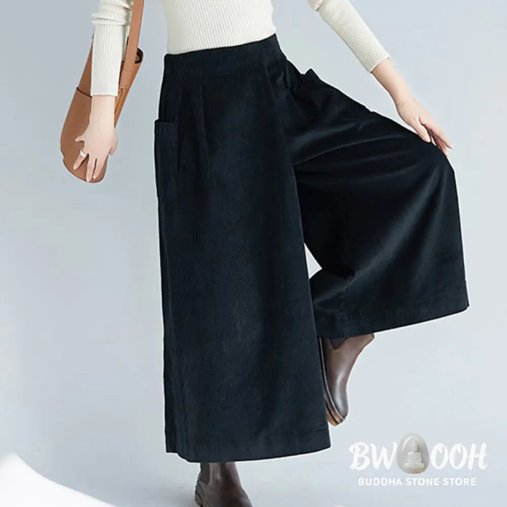 Buddha Stones Women’s Plain Side Zipper Design Wide Leg Corduroy 7-8 Length Pants With Pockets - Women’s Wide Leg Pants