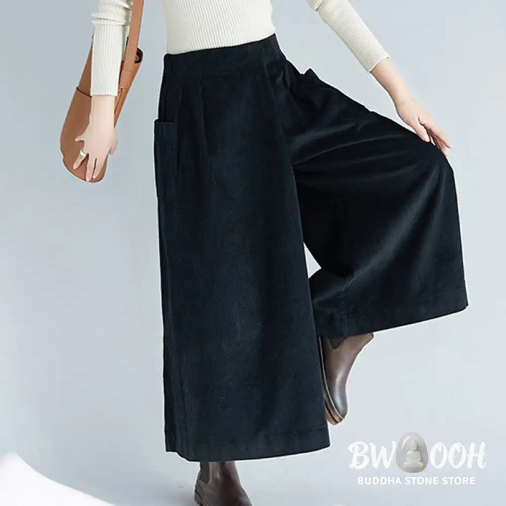 Buddha Stones Women’s Plain Side Zipper Design Wide Leg Corduroy 7-8 Length Pants With Pockets - Women’s Wide Leg Pants