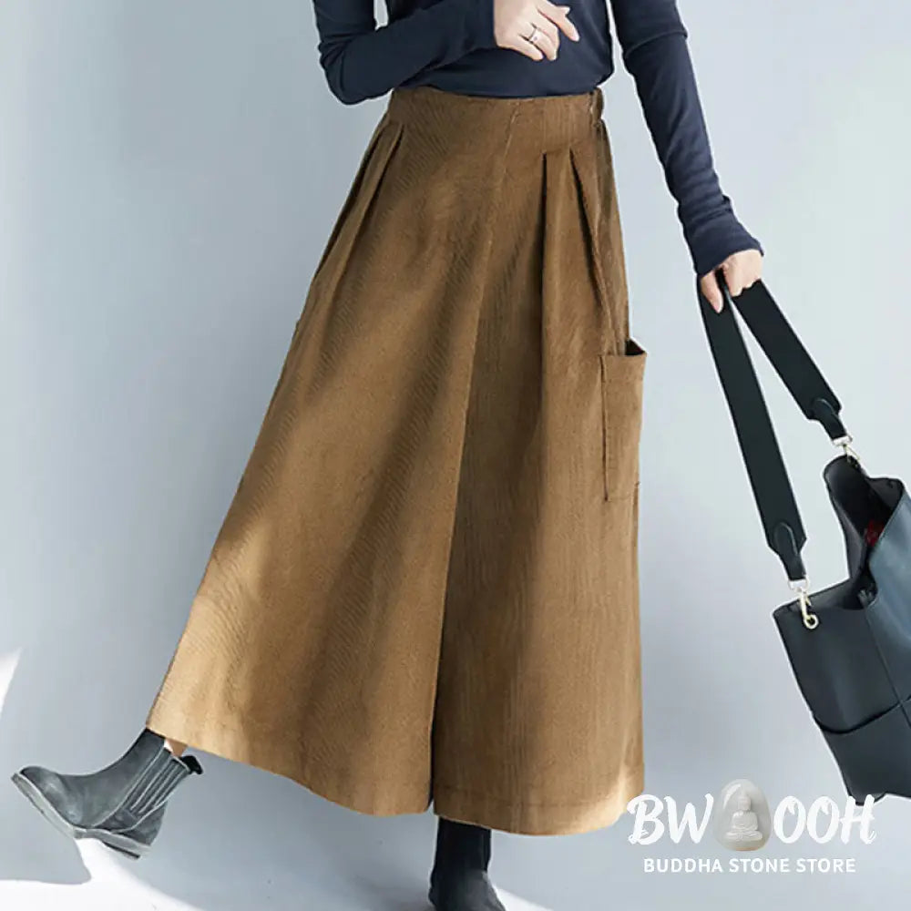 Buddha Stones Women’s Plain Side Zipper Design Wide Leg Corduroy 7-8 Length Pants With Pockets - Women’s Wide Leg Pants