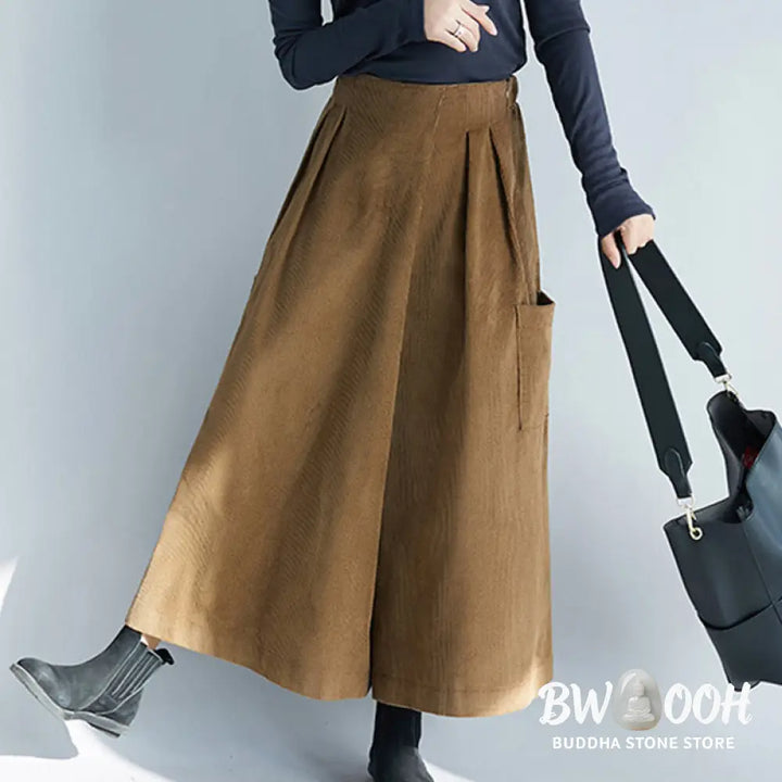 Buddha Stones Women’s Plain Side Zipper Design Wide Leg Corduroy 7-8 Length Pants With Pockets - Women’s Wide Leg Pants