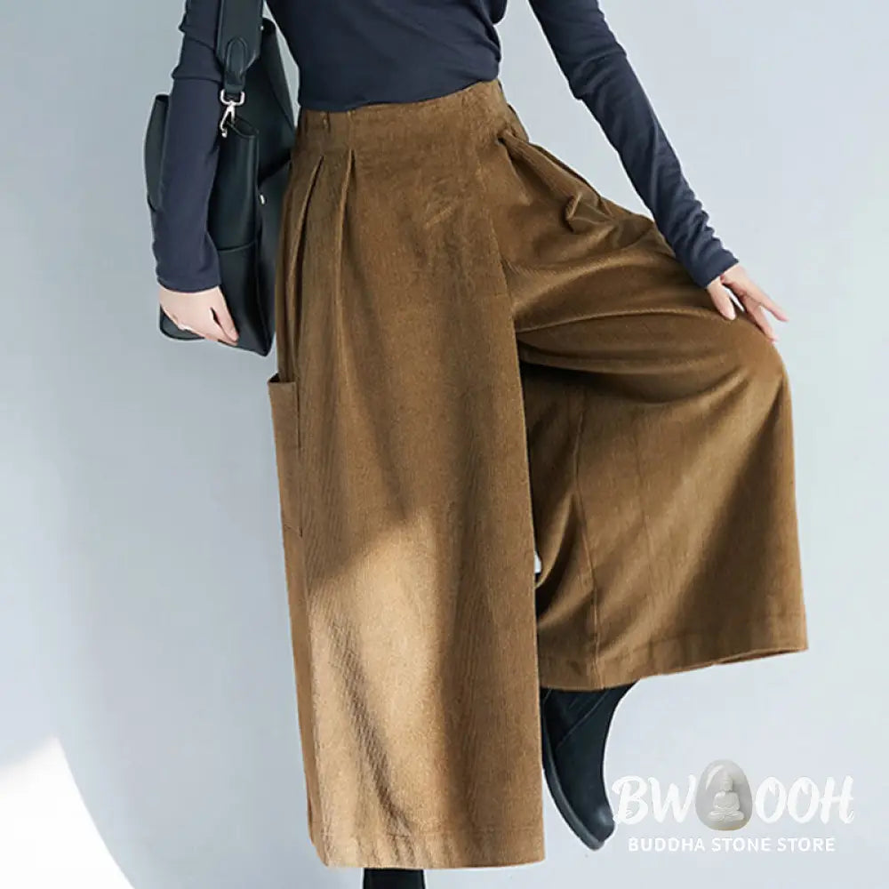 Buddha Stones Women’s Plain Side Zipper Design Wide Leg Corduroy 7-8 Length Pants With Pockets - Women’s Wide Leg Pants