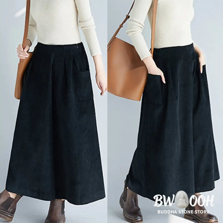 Buddha Stones Women’s Plain Side Zipper Design Wide Leg Corduroy 7-8 Length Pants With Pockets - Women’s Wide Leg Pants
