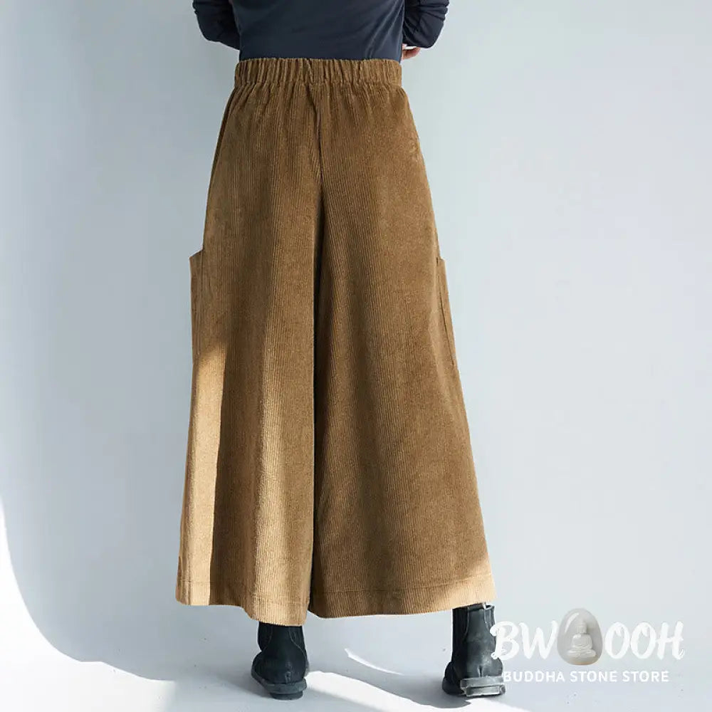 Buddha Stones Women’s Plain Side Zipper Design Wide Leg Corduroy 7-8 Length Pants With Pockets - Women’s Wide Leg Pants