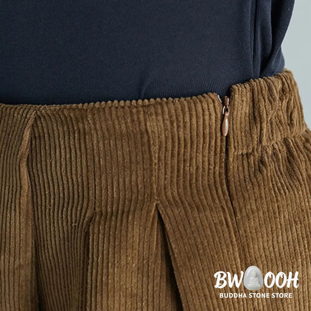 Buddha Stones Women’s Plain Side Zipper Design Wide Leg Corduroy 7-8 Length Pants With Pockets - Women’s Wide Leg Pants