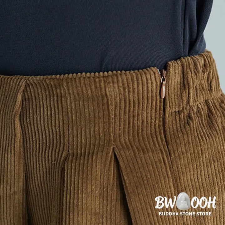 Buddha Stones Women’s Plain Side Zipper Design Wide Leg Corduroy 7-8 Length Pants With Pockets - Women’s Wide Leg Pants