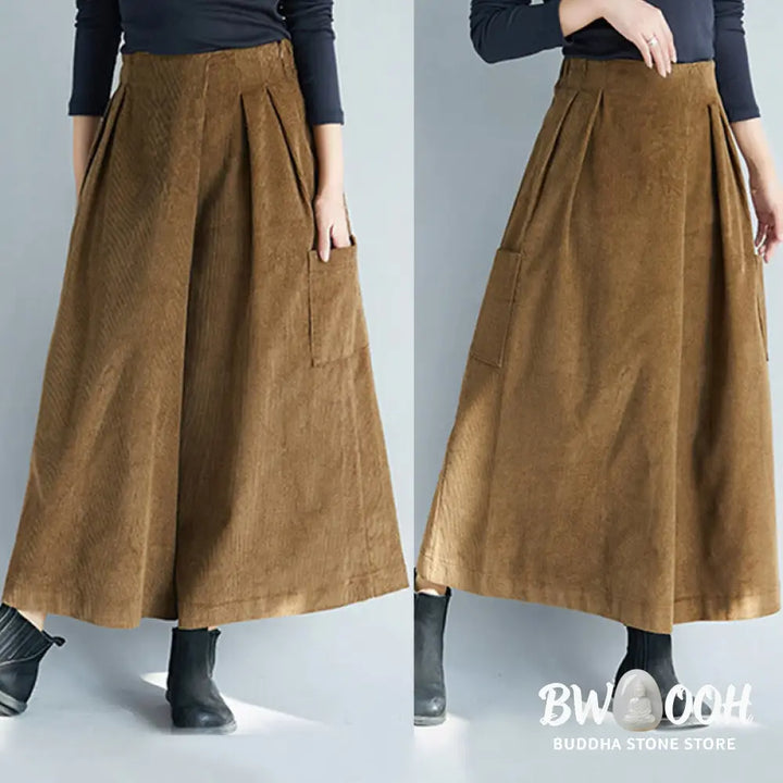 Buddha Stones Women’s Plain Side Zipper Design Wide Leg Corduroy 7-8 Length Pants With Pockets - Women’s Wide Leg Pants