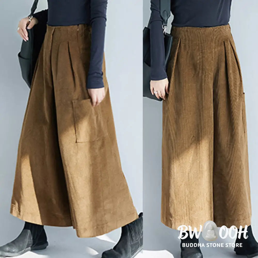 Buddha Stones Women’s Plain Side Zipper Design Wide Leg Corduroy 7-8 Length Pants With Pockets - Women’s Wide Leg Pants