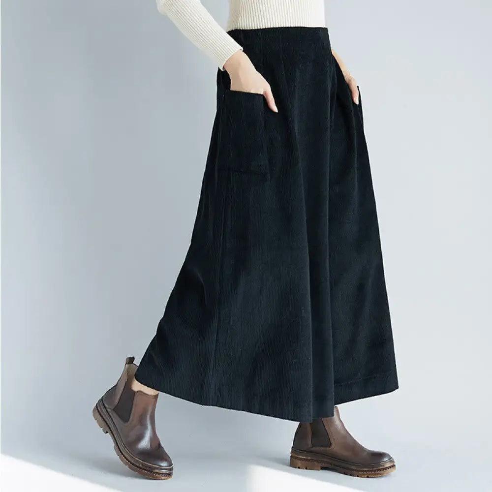 Buddha Stones Women’s Plain Side Zipper Design Wide Leg Corduroy 7-8 Length Pants With Pockets - Black