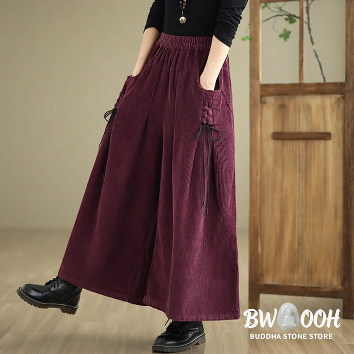 Buddha Stones Women’s Pure Color Drawstring Design Wide Leg Corduroy Pants With Pockets - Women’s Wide Leg Pants