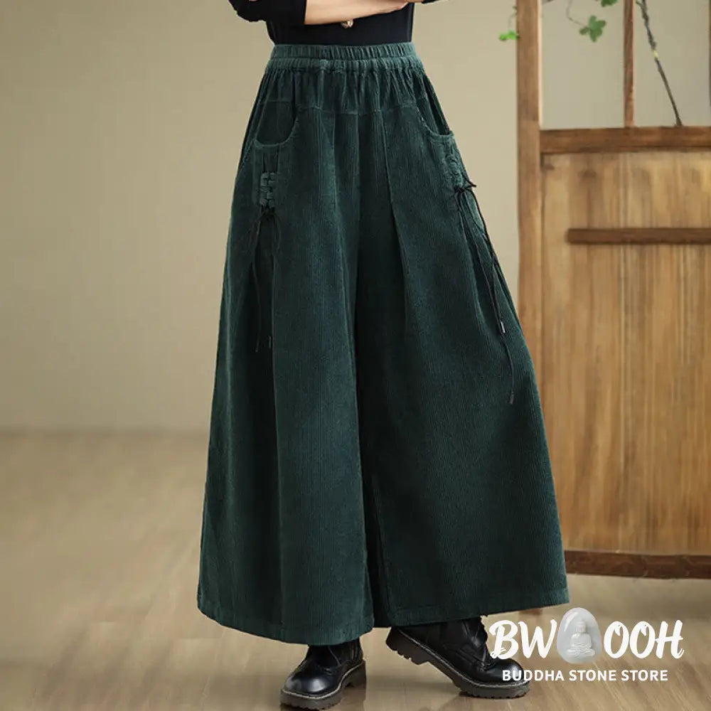 Buddha Stones Women’s Pure Color Drawstring Design Wide Leg Corduroy Pants With Pockets - Women’s Wide Leg Pants