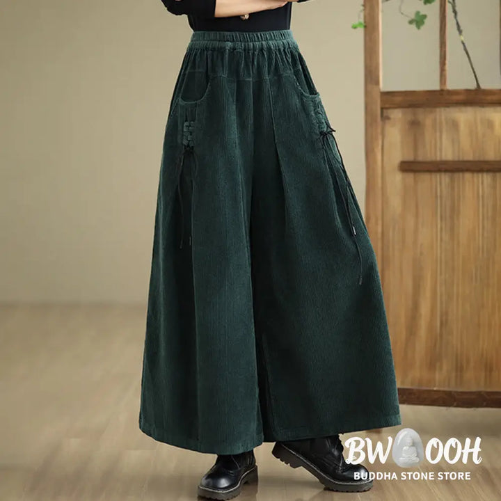 Buddha Stones Women’s Pure Color Drawstring Design Wide Leg Corduroy Pants With Pockets - Women’s Wide Leg Pants