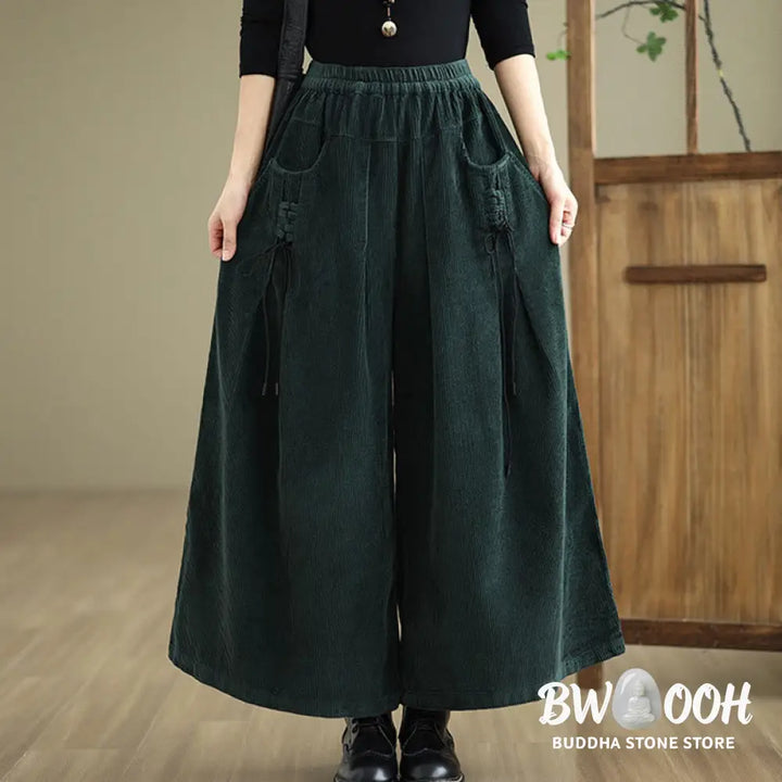 Buddha Stones Women’s Pure Color Drawstring Design Wide Leg Corduroy Pants With Pockets - Women’s Wide Leg Pants