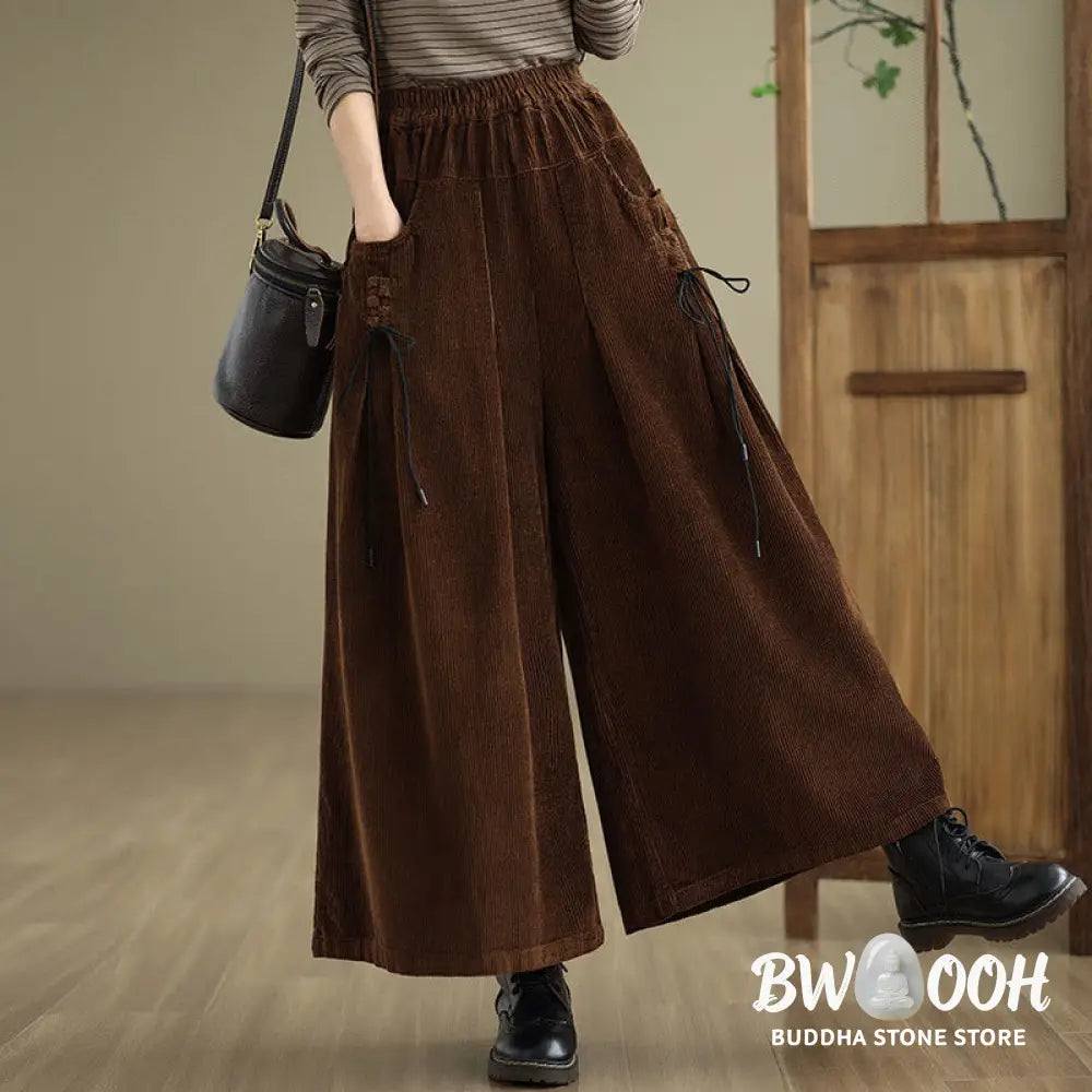 Buddha Stones Women’s Pure Color Drawstring Design Wide Leg Corduroy Pants With Pockets - Women’s Wide Leg Pants