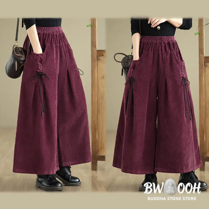 Buddha Stones Women’s Pure Color Drawstring Design Wide Leg Corduroy Pants With Pockets - Women’s Wide Leg Pants