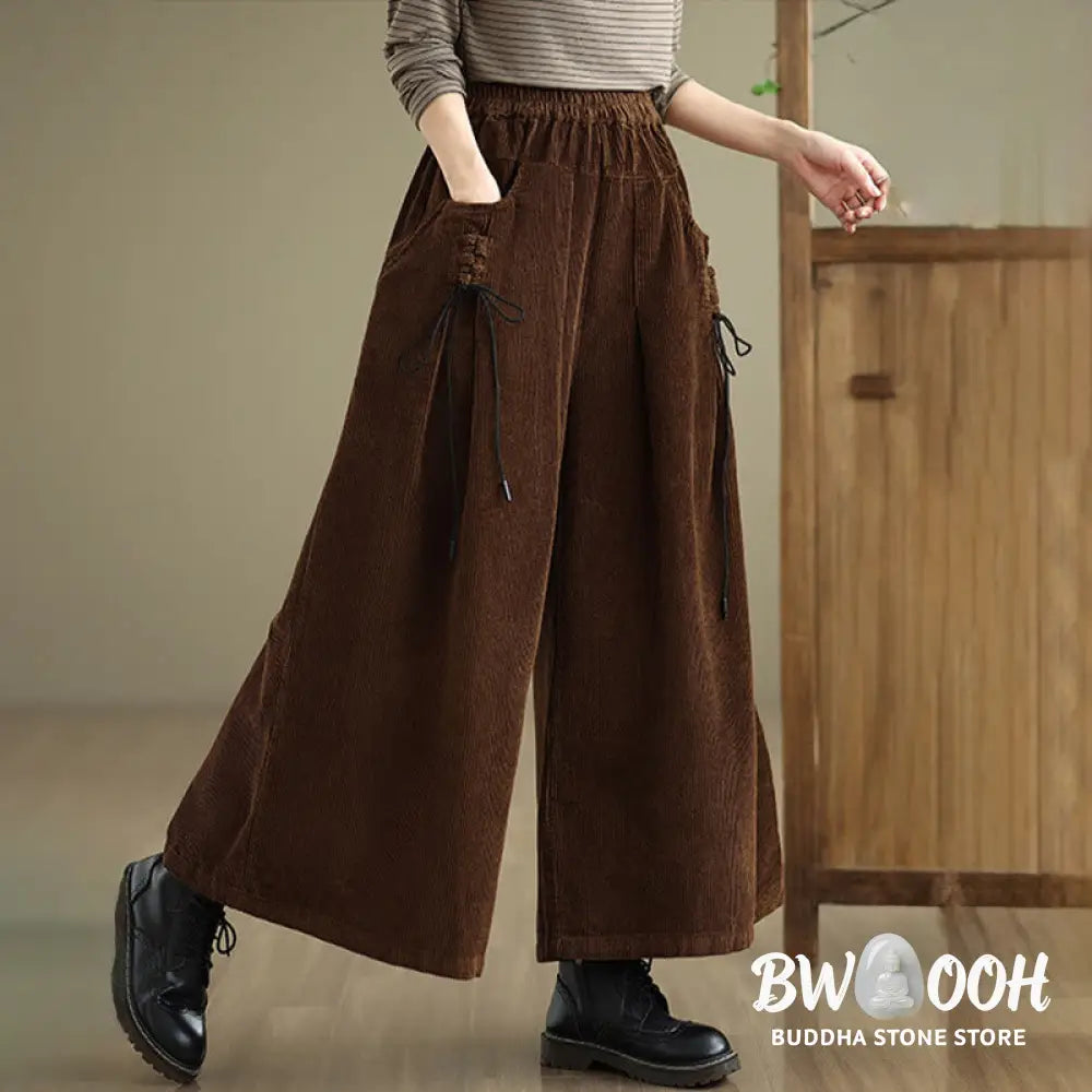Buddha Stones Women’s Pure Color Drawstring Design Wide Leg Corduroy Pants With Pockets - Women’s Wide Leg Pants