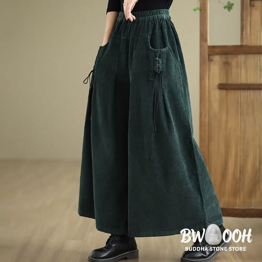 Buddha Stones Women’s Pure Color Drawstring Design Wide Leg Corduroy Pants With Pockets - Women’s Wide Leg Pants