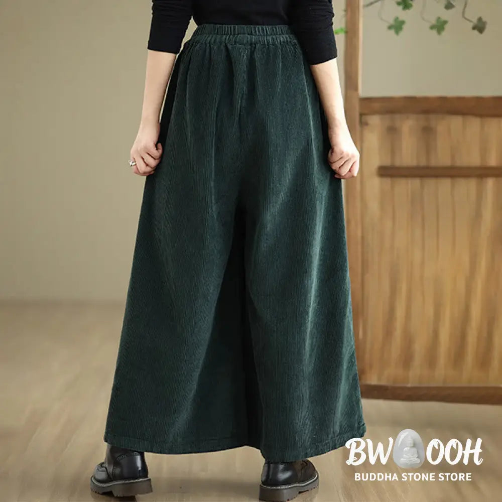 Buddha Stones Women’s Pure Color Drawstring Design Wide Leg Corduroy Pants With Pockets - Women’s Wide Leg Pants