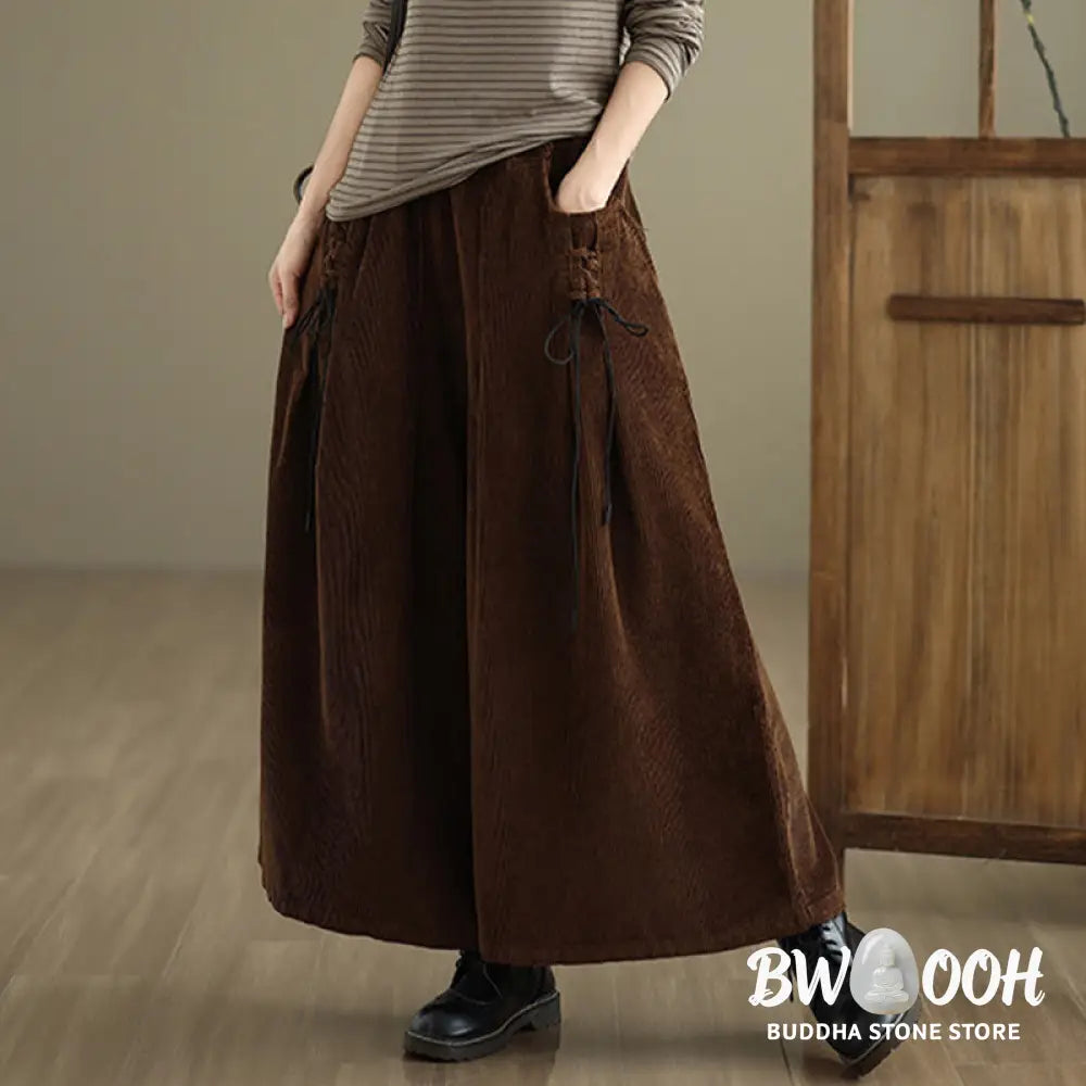 Buddha Stones Women’s Pure Color Drawstring Design Wide Leg Corduroy Pants With Pockets - Women’s Wide Leg Pants