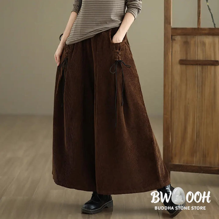 Buddha Stones Women’s Pure Color Drawstring Design Wide Leg Corduroy Pants With Pockets - Women’s Wide Leg Pants