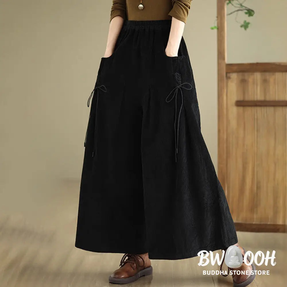 Buddha Stones Women’s Pure Color Drawstring Design Wide Leg Corduroy Pants With Pockets - Women’s Wide Leg Pants