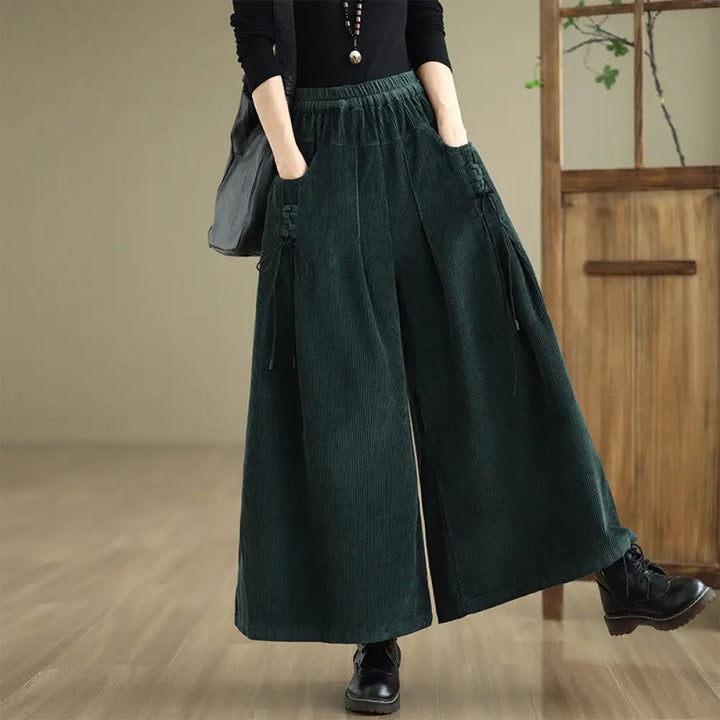 Buddha Stones Women’s Pure Color Drawstring Design Wide Leg Corduroy Pants With Pockets - DarkSlateGray