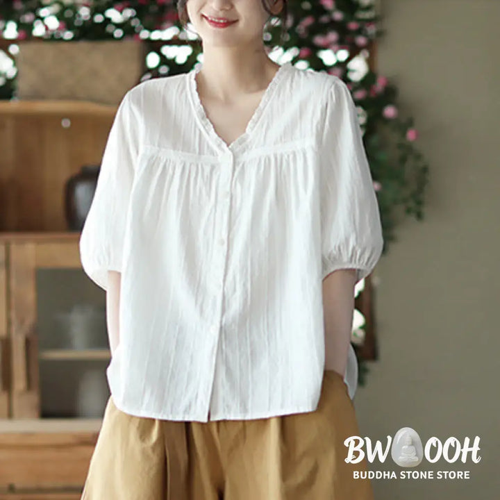 Buddha Stones Women’s Pure White Lace V-neck Design Half Sleeve Cotton Shirt - Women’s Shirts