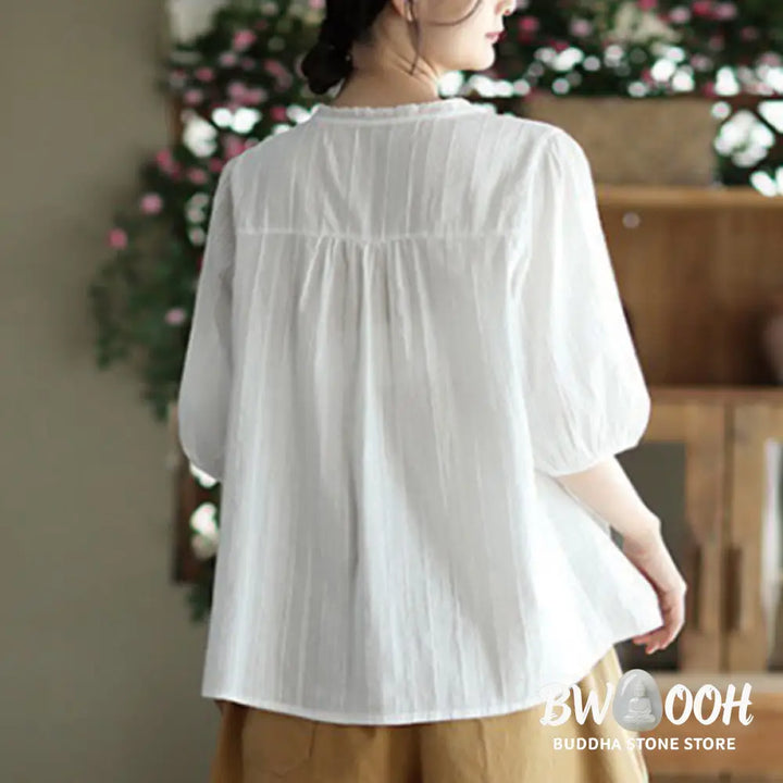 Buddha Stones Women’s Pure White Lace V-neck Design Half Sleeve Cotton Shirt - Women’s Shirts