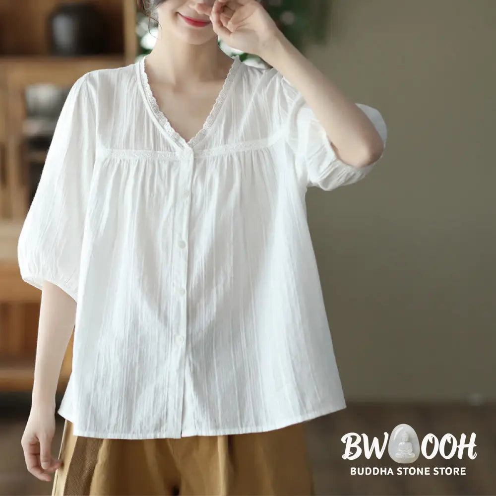 Buddha Stones Women’s Pure White Lace V-neck Design Half Sleeve Cotton Shirt - Women’s Shirts