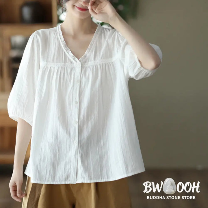 Buddha Stones Women’s Pure White Lace V-neck Design Half Sleeve Cotton Shirt - Women’s Shirts