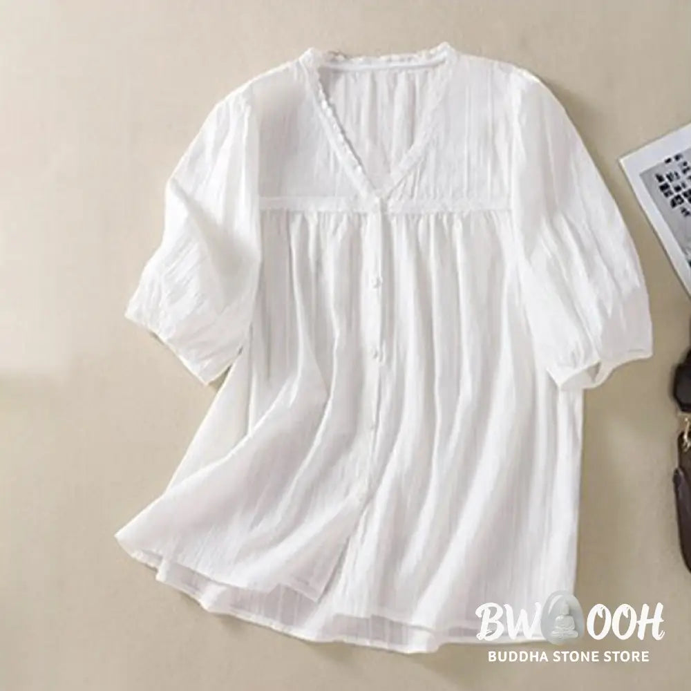 Buddha Stones Women’s Pure White Lace V-neck Design Half Sleeve Cotton Shirt - Women’s Shirts