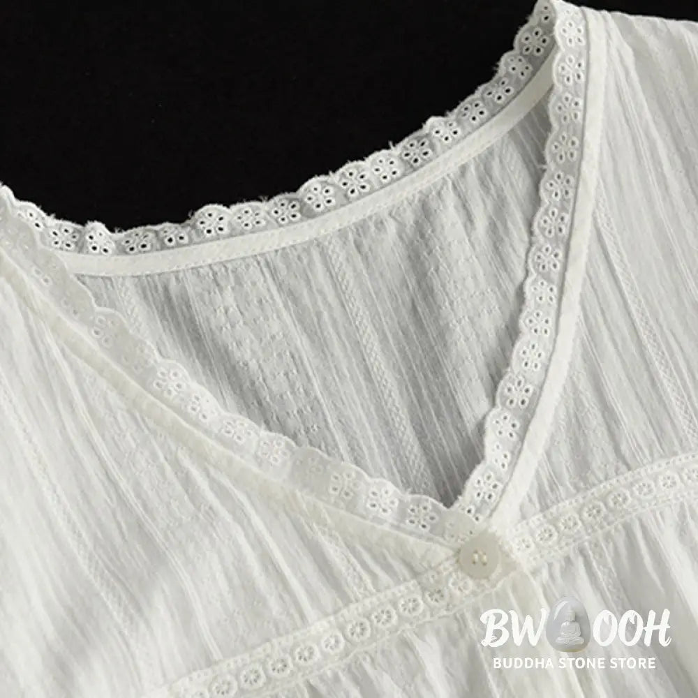Buddha Stones Women’s Pure White Lace V-neck Design Half Sleeve Cotton Shirt - Women’s Shirts