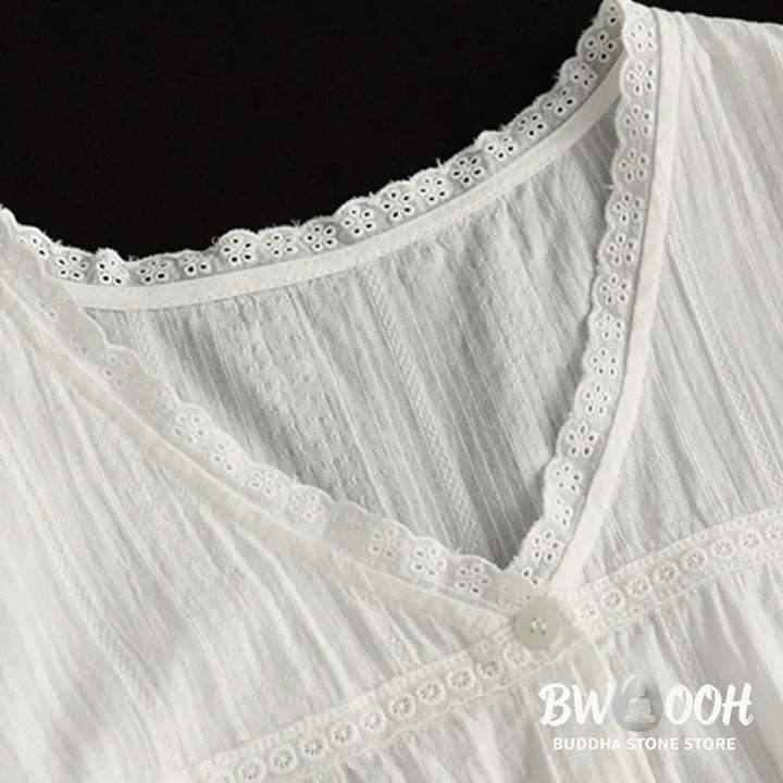 Buddha Stones Women’s Pure White Lace V-neck Design Half Sleeve Cotton Shirt - Women’s Shirts
