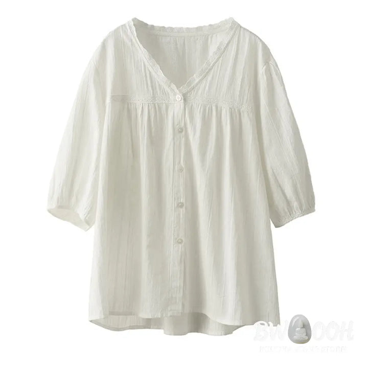 Buddha Stones Women’s Pure White Lace V-neck Design Half Sleeve Cotton Shirt - Women’s Shirts