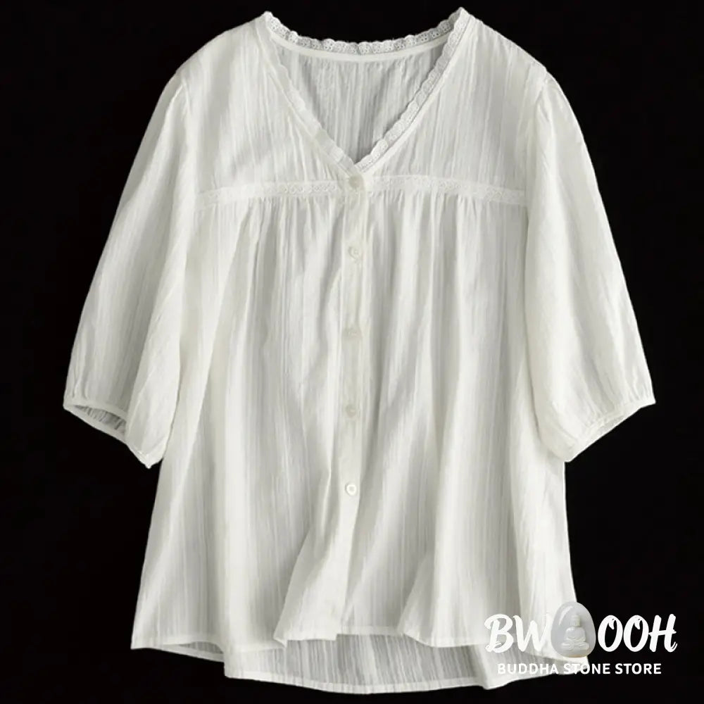 Buddha Stones Women’s Pure White Lace V-neck Design Half Sleeve Cotton Shirt - Women’s Shirts