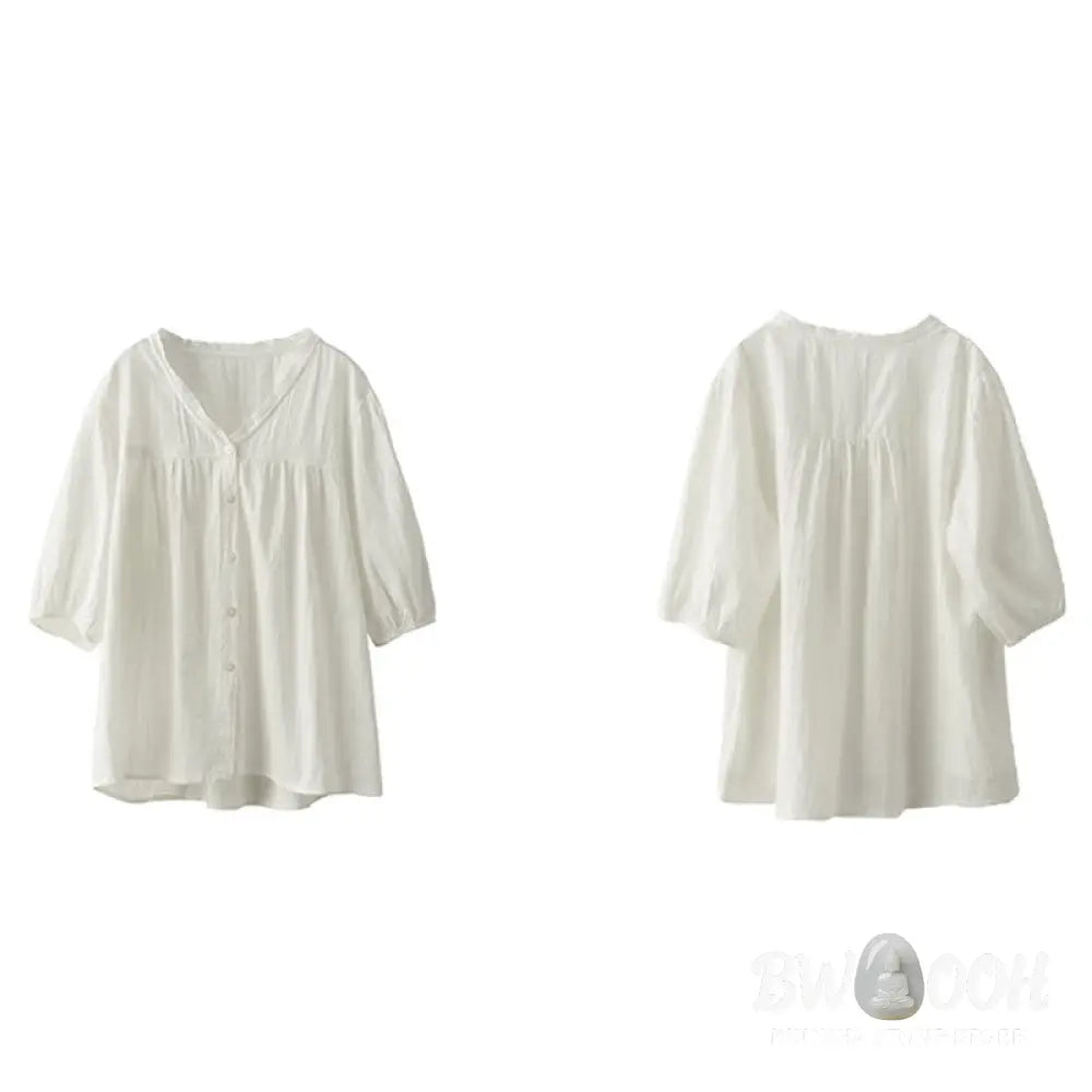 Buddha Stones Women’s Pure White Lace V-neck Design Half Sleeve Cotton Shirt - Women’s Shirts