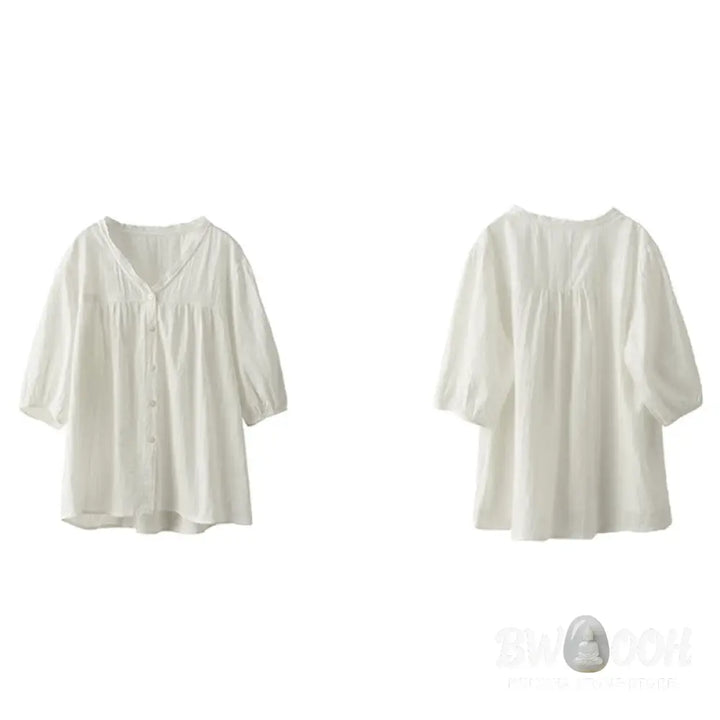 Buddha Stones Women’s Pure White Lace V-neck Design Half Sleeve Cotton Shirt - Women’s Shirts