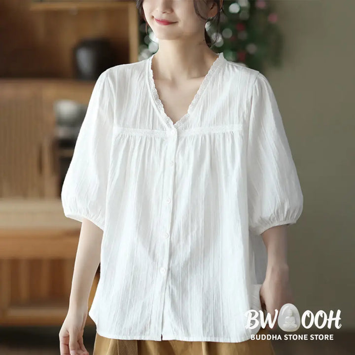 Buddha Stones Women’s Pure White Lace V-neck Design Half Sleeve Cotton Shirt - Women’s Shirts