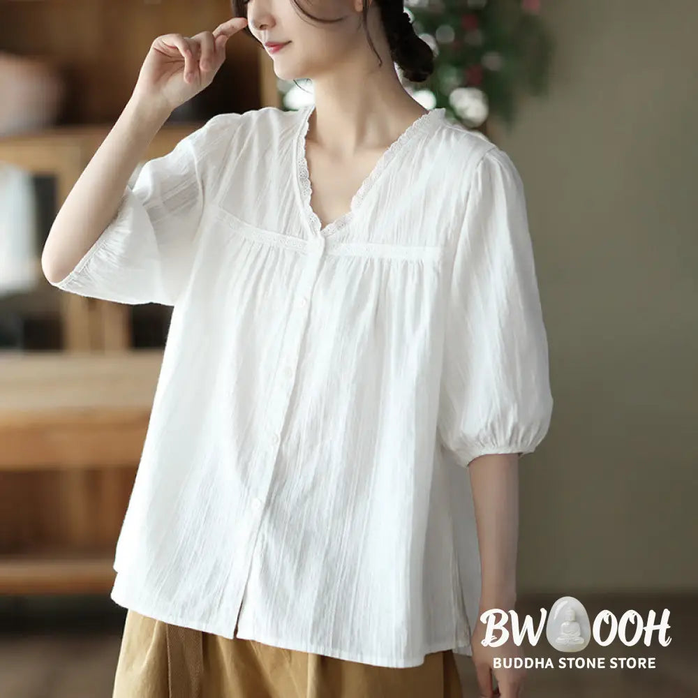 Buddha Stones Women’s Pure White Lace V-neck Design Half Sleeve Cotton Shirt - Women’s Shirts