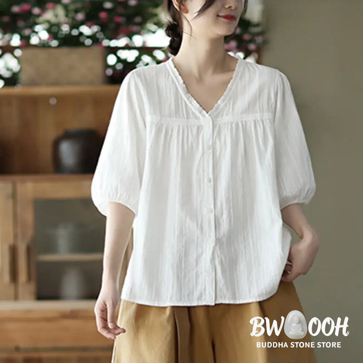 Buddha Stones Women’s Pure White Lace V-neck Design Half Sleeve Cotton Shirt - Women’s Shirts