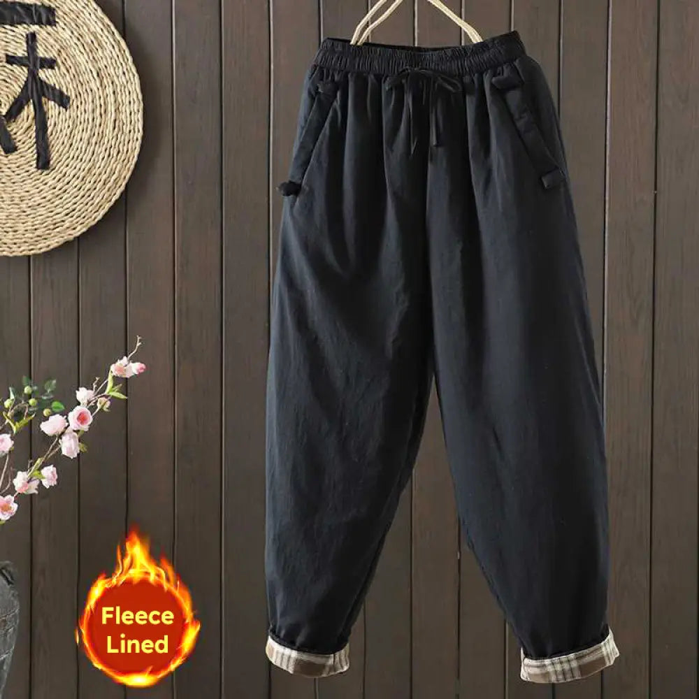 Buddha Stones Women’s Winter Drawstring Fleece-Lined Thermal Harem Pants With Pockets - Black / US4，UK/AU8，EU36 (L)