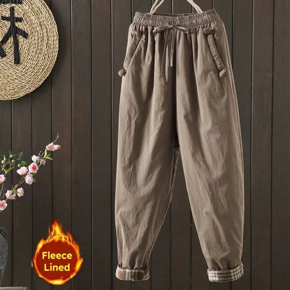 Buddha Stones Women’s Winter Drawstring Fleece-Lined Thermal Harem Pants With Pockets - Tan / US4，UK/AU8，EU36 (L)