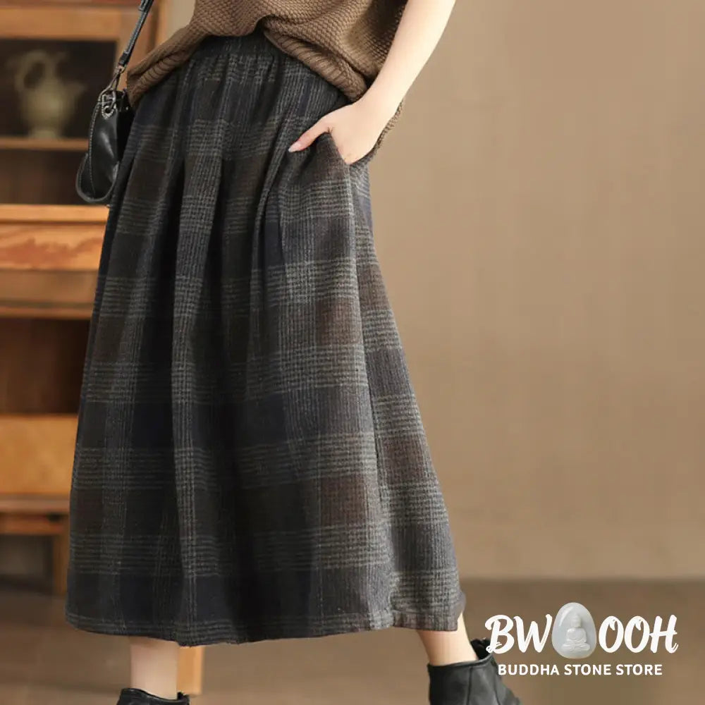 Buddha Stones Women’s Winter Plaid Pattern Cotton Thermal 7-8 Length Skirt With Pockets - Skirt