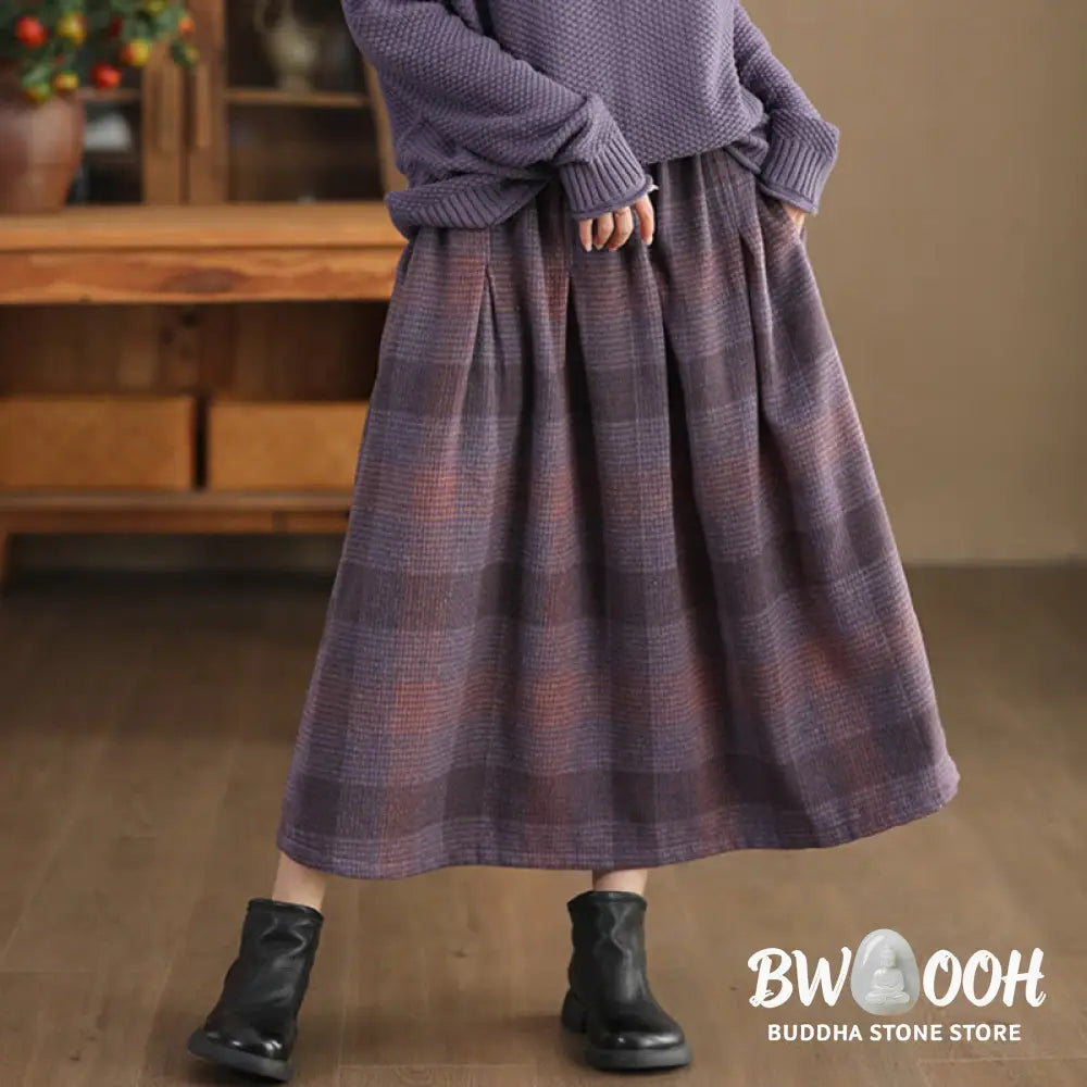 Buddha Stones Women’s Winter Plaid Pattern Cotton Thermal 7-8 Length Skirt With Pockets - Skirt