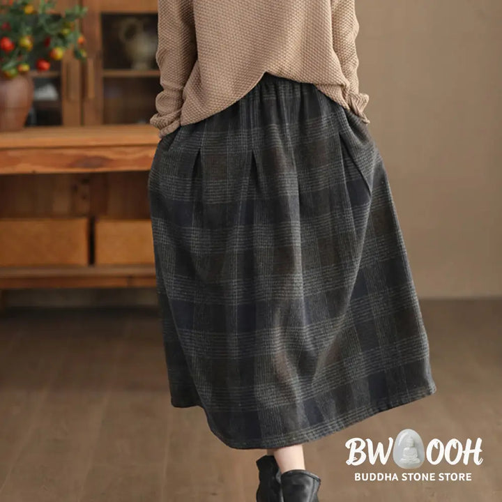 Buddha Stones Women’s Winter Plaid Pattern Cotton Thermal 7-8 Length Skirt With Pockets - Skirt