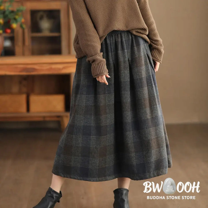 Buddha Stones Women’s Winter Plaid Pattern Cotton Thermal 7-8 Length Skirt With Pockets - Skirt