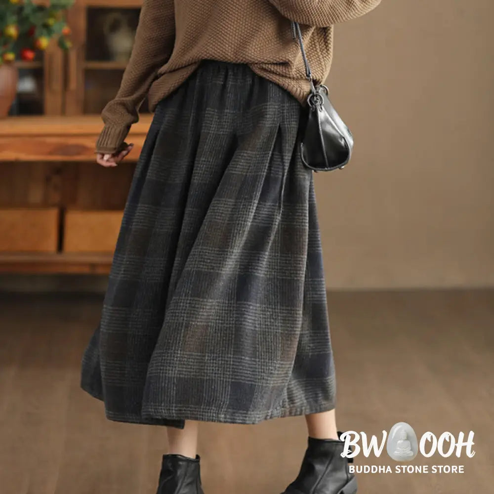 Buddha Stones Women’s Winter Plaid Pattern Cotton Thermal 7-8 Length Skirt With Pockets - Skirt