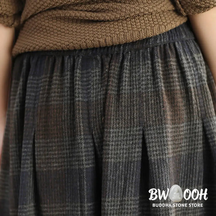 Buddha Stones Women’s Winter Plaid Pattern Cotton Thermal 7-8 Length Skirt With Pockets - Skirt
